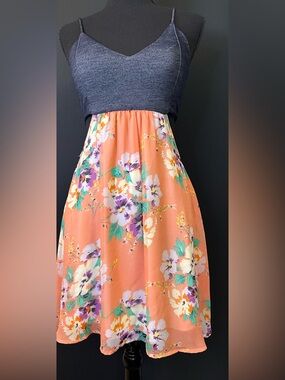 #133- Floral Coral A-Line Maxi Skirt with Navy Waistband